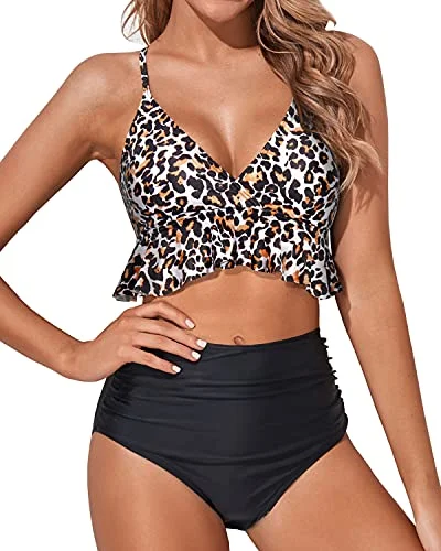 Padded Push Up Ruffle High Waisted Bikini Ruched-Black And Leopard