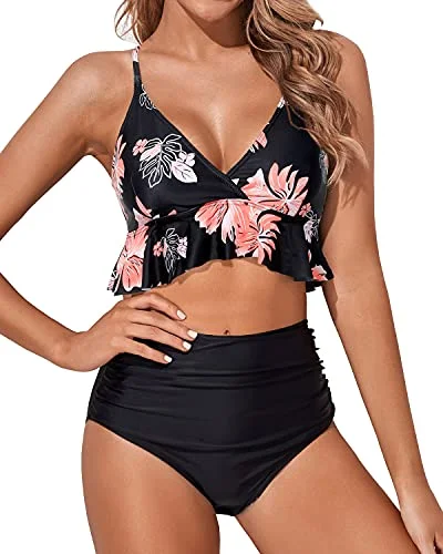 Flouncy Ruffle High Waisted Bikini Swimsuits Deep V Neck-Black Orange Floral