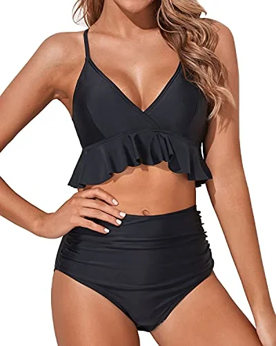 Tummy Control Two Piece Bikini Set Deep V Neckline-Black