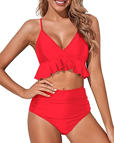 Two Piece Charming Deep V Neck Tummy Control Bikini Set-Neon Red