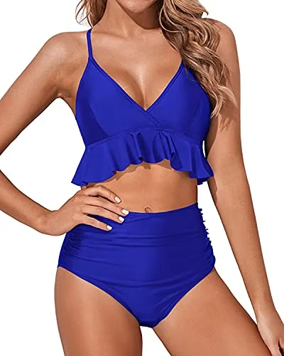 Flattering High Waisted Two Piece Tummy Control Bikini For Women-Royal Blue