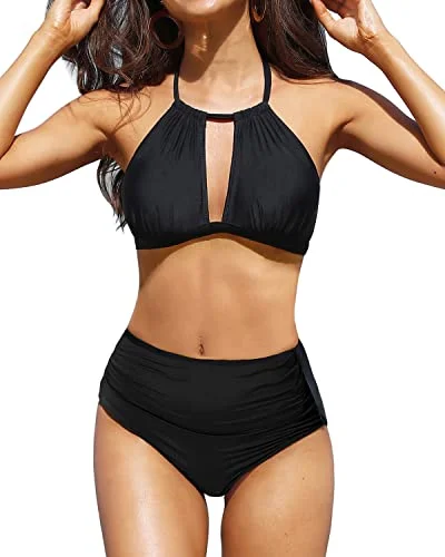 Striped Halter High Waisted Bikini Keyhole Bathing Suits-Black