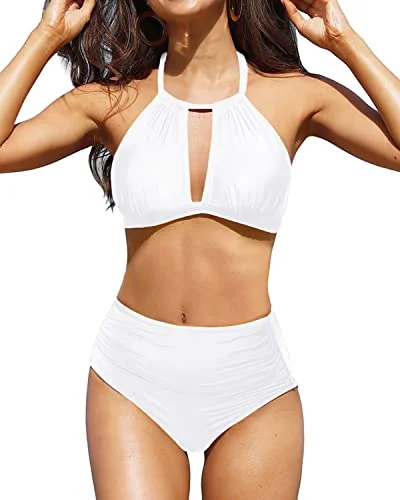 Sexy Two Piece Ruched Bikini High Waisted Bikini Swimsuit-White