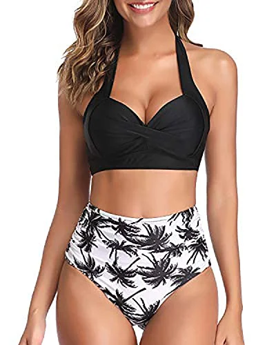 Flattering Pleated Front Panel Vintage High Waisted Bikini-Black Palm Tree