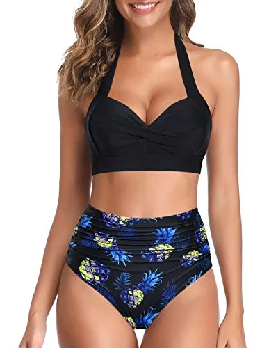 Two Piece High Waist Bikini Women's Bikini Swimsuits-Black Pineapple