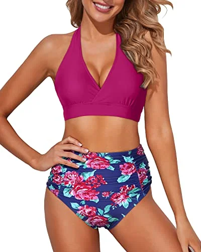 Halter Self-Tie Two Piece High Waisted Bikini Set-Pink Floral