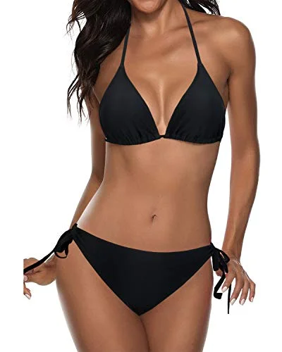 Two Piece Halter Cheeky Triangle Bikini Bathing Suit-Black