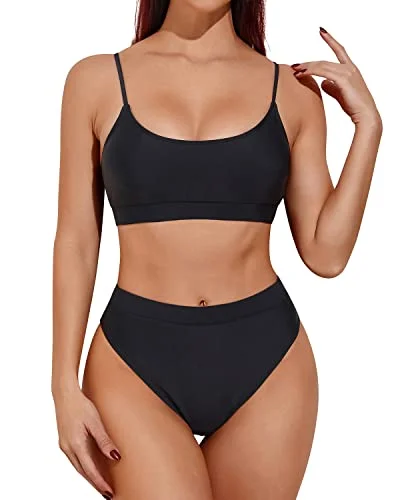 Sexy Sporty Scoop Neck Two Piece High Waisted Bikini-Black