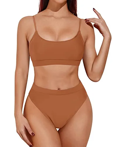 Stretchy Waistband Tummy Control Two Piece High Waisted Bikini-Brown