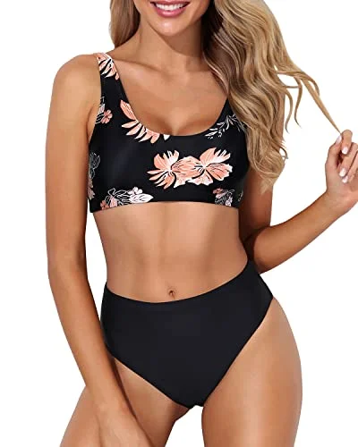 Padded Push Up Bra Support Sports Two Piece Bikini For Women-Black Orange Floral