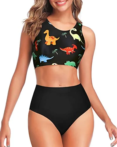 Women's High Waisted Sporty Two Piece Bikini Set-Black Dinosaur