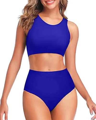 Tummy Control Scoop Neck High Waisted Bikini Set-Royal Blue