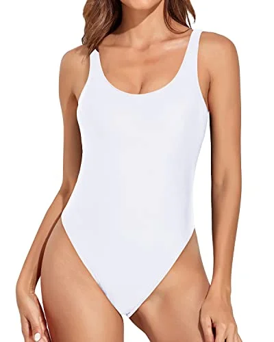 Low Back Scoop Neck Retro 80S High Leg One Piece Swimsuit-White