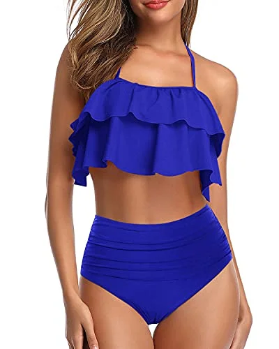 Two Piece Teen Ruffle Tummy Control High Waisted Bikini-Royal Blue